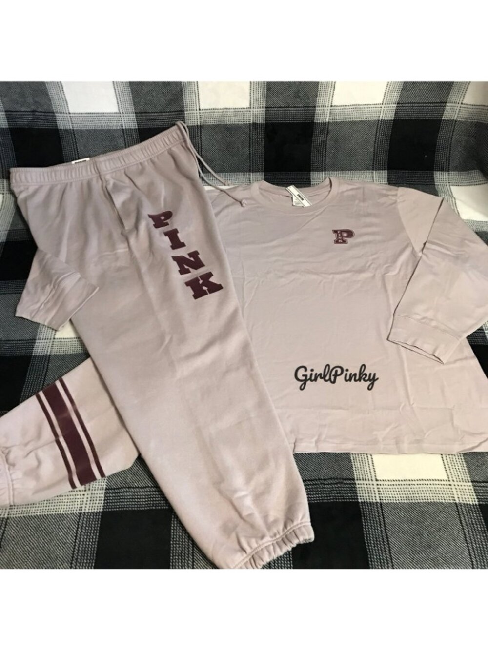 VS PINK CAMPUS SWEATPANTS OUTFIT & LONG SLEEVE CAMPUS TEE VIOLET ASHES L & XXL